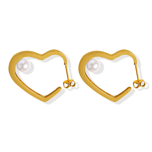 heart hoops earrings women's titanium steel 18K gold pearl stud earrings