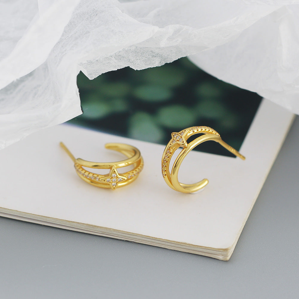 Three-layer C Type Silver Star Hoops Earrings