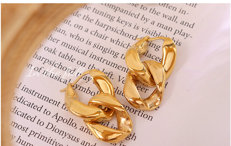 Gold Double Ring Earrings Female Stainless Steel Waterproof Earrings