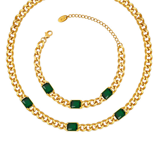 Cuba thick chain inlaid with green baquette zirconia stone pendant necklace bracelet jewelry set non-fading wholesale