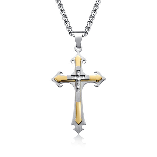 New three-layer patterned combination stone cross pendant with fashionable retro men's trend titanium steel pendant