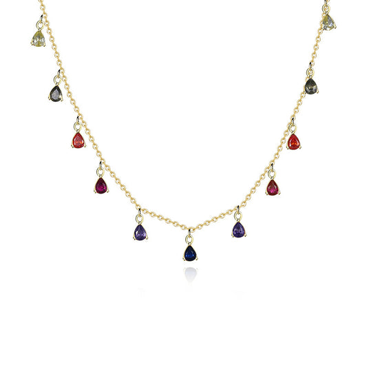 925 silver water drop tassel fashion necklace chocker rainbow colorful cubic zirconia