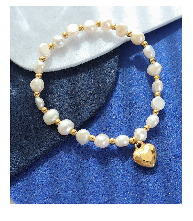 Fresh water pearl splicing steel ball bracelet, female fashion, creative design, heart charm bracelet