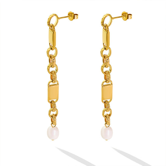 golden new titanium steel freshwater pearl dangle earrings accessories