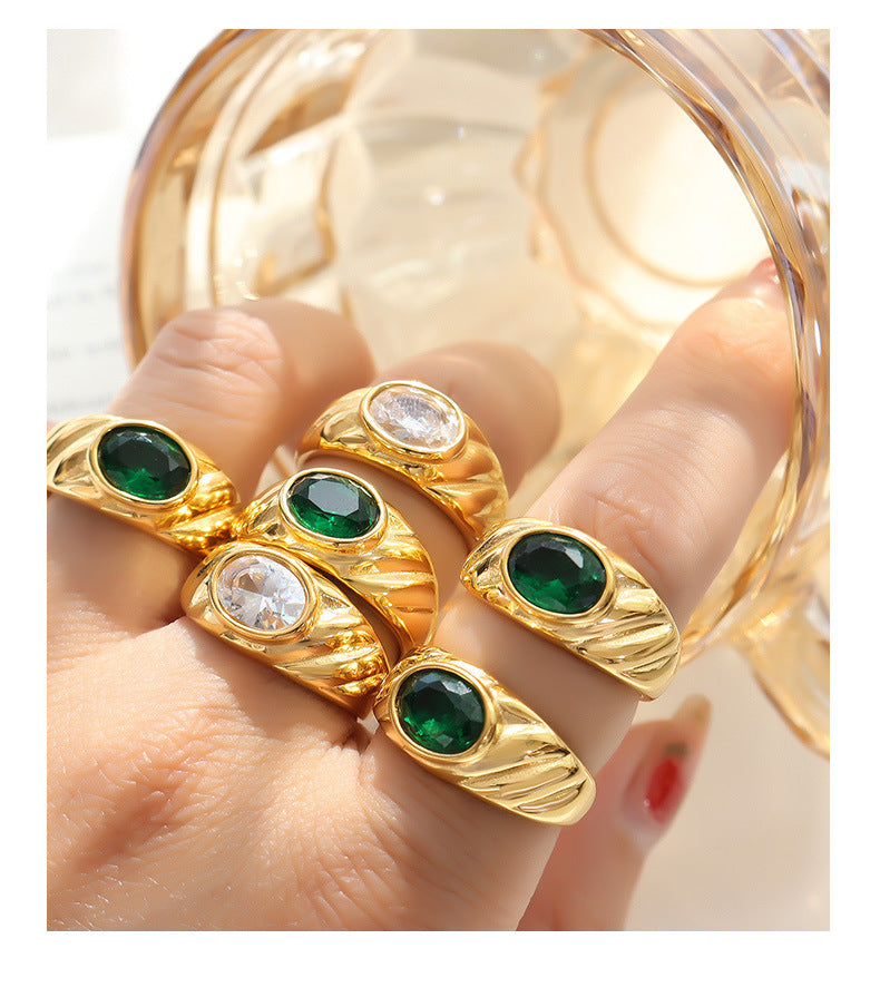 Modern clear and green zircon inlaid ring, gold-plated stainless-steel ring