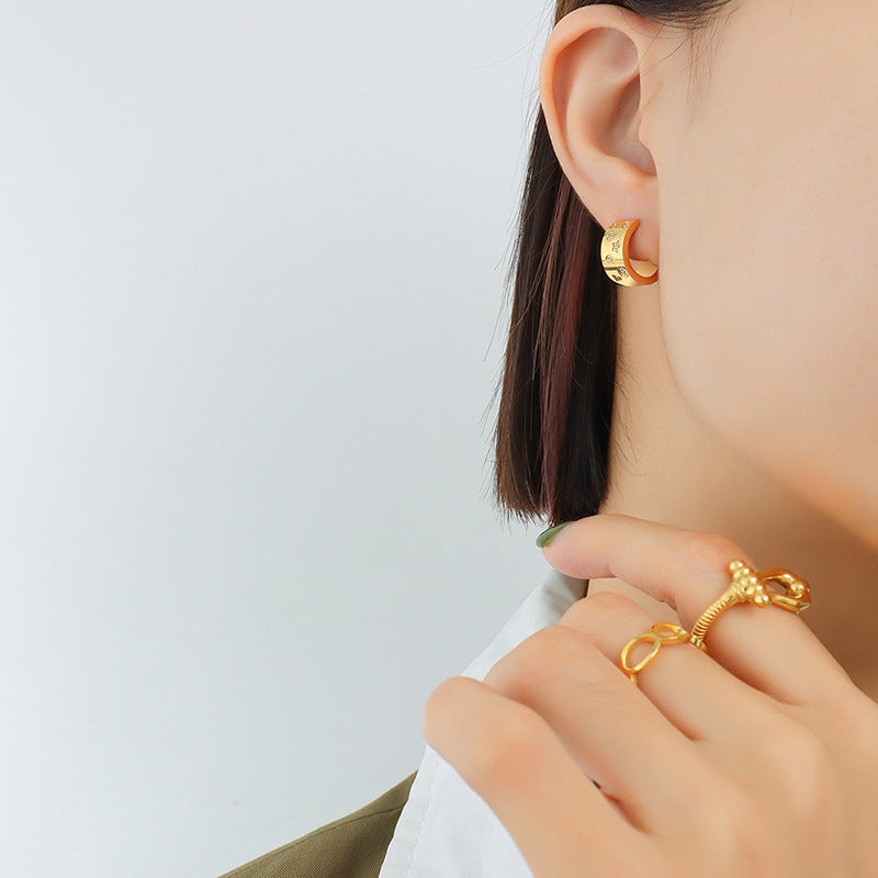 C-shaped zircon inlay earrings titanium steel 18k gold plated stud earrings jewelry