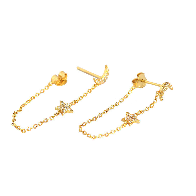 Star and Moon Tassel Zirconia Paved Hanging Chain Stud Earrings Dangle Female