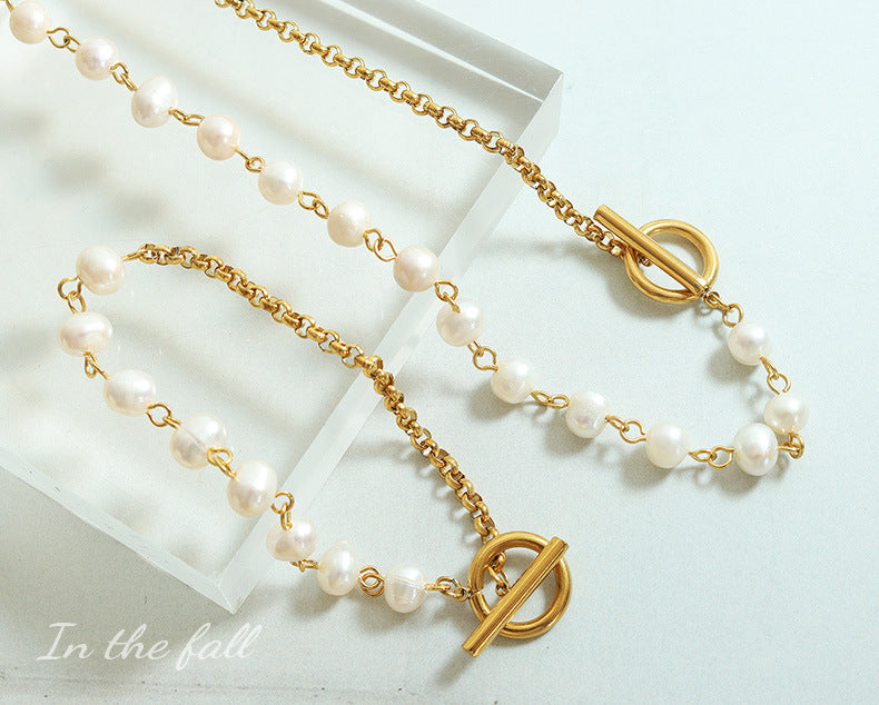 Fashion freshwater pearl OT clasp bracelet necklace jewelry set stainless steel golden color