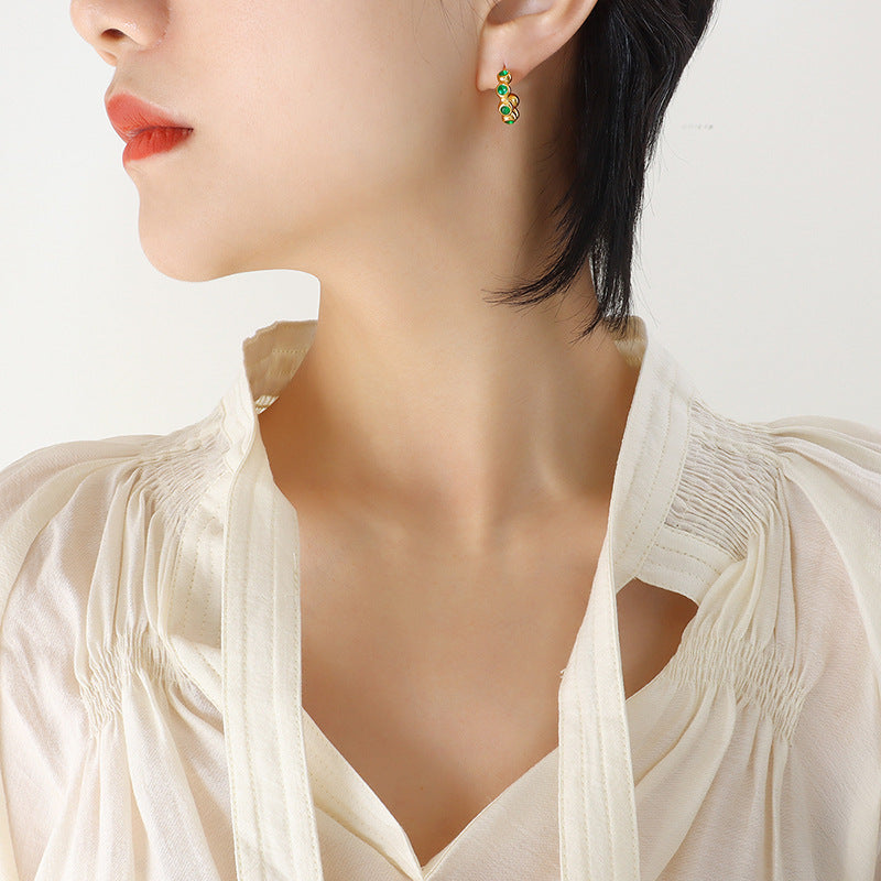 C-shaped inlaid purple cz green zircon earrings stud accessories