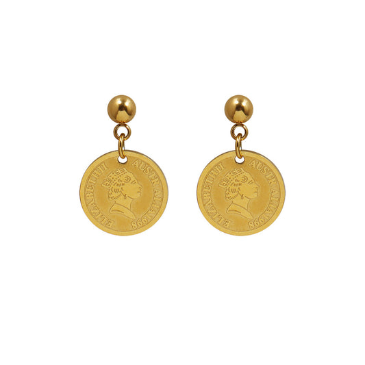 gold coin earrings queen elizabeth head portrait titanium steel 18k gold earrings
