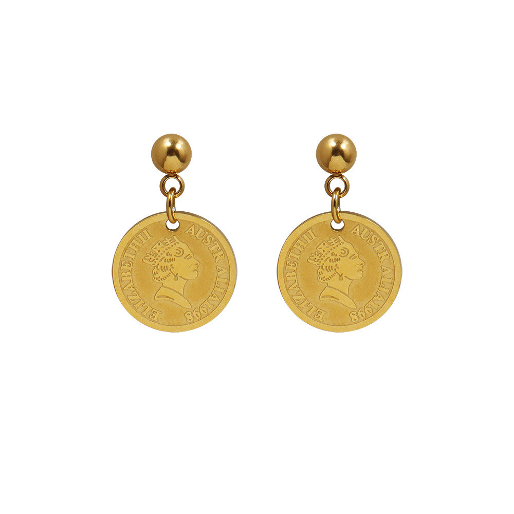 gold coin earrings queen elizabeth head portrait titanium steel 18k gold earrings