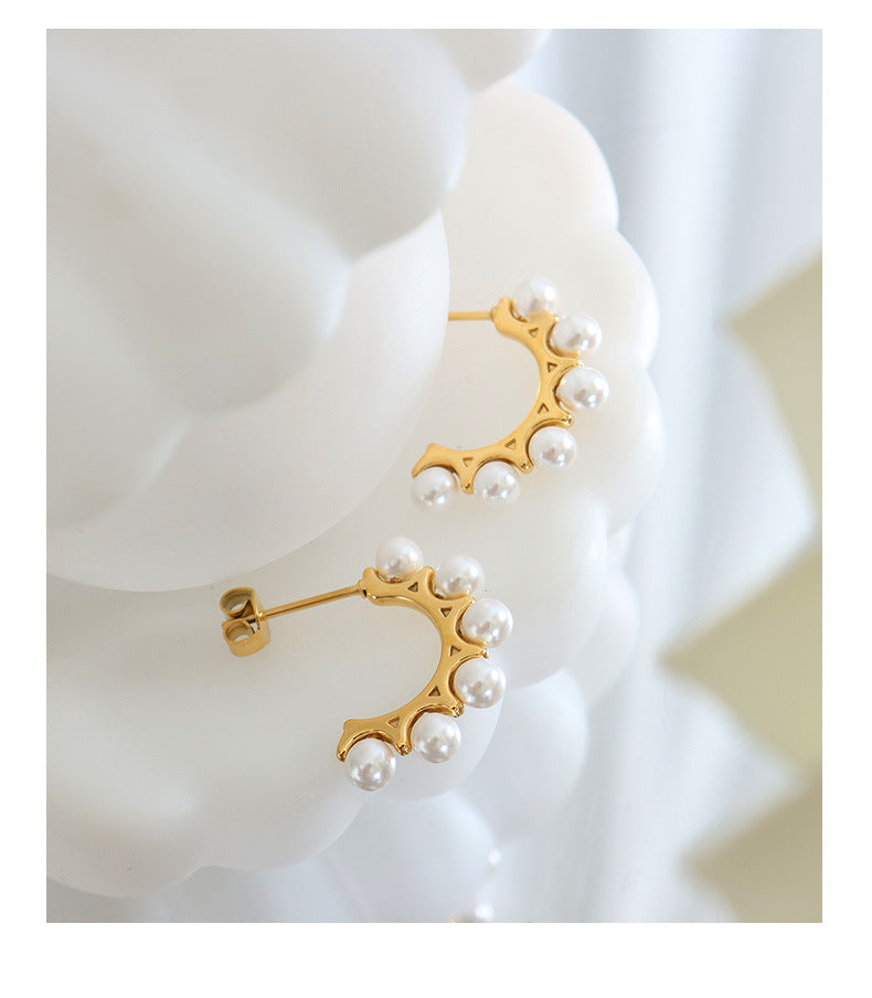 Pearl Earrings Titanium Steel Gold Plated C-shaped Elegant earring hoops
