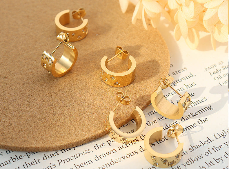 C-shaped zircon inlay earrings titanium steel 18k gold plated stud earrings jewelry