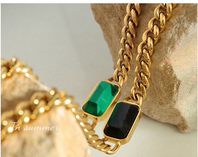 Thick chain Cuban chain hip hop green and black baguette glass stone necklace personality fashion bracelet jewelry set