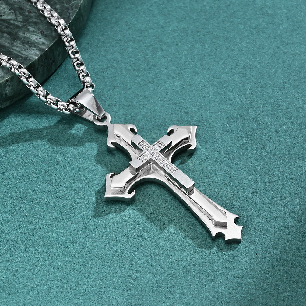 New three-layer patterned combination stone cross pendant with fashionable retro men's trend titanium steel pendant