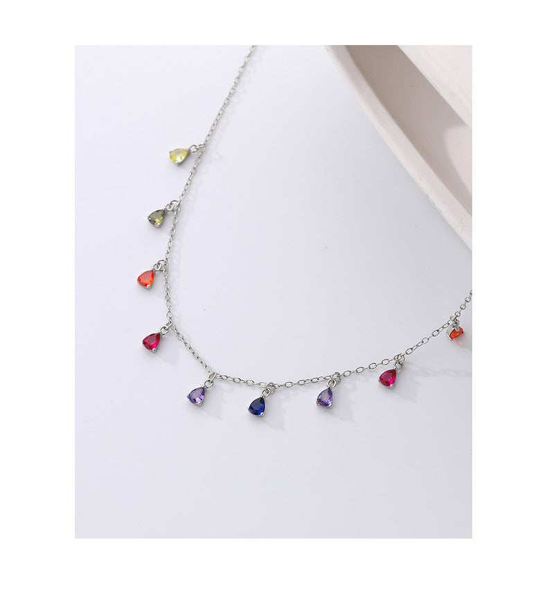925 silver water drop tassel fashion necklace chocker rainbow colorful cubic zirconia