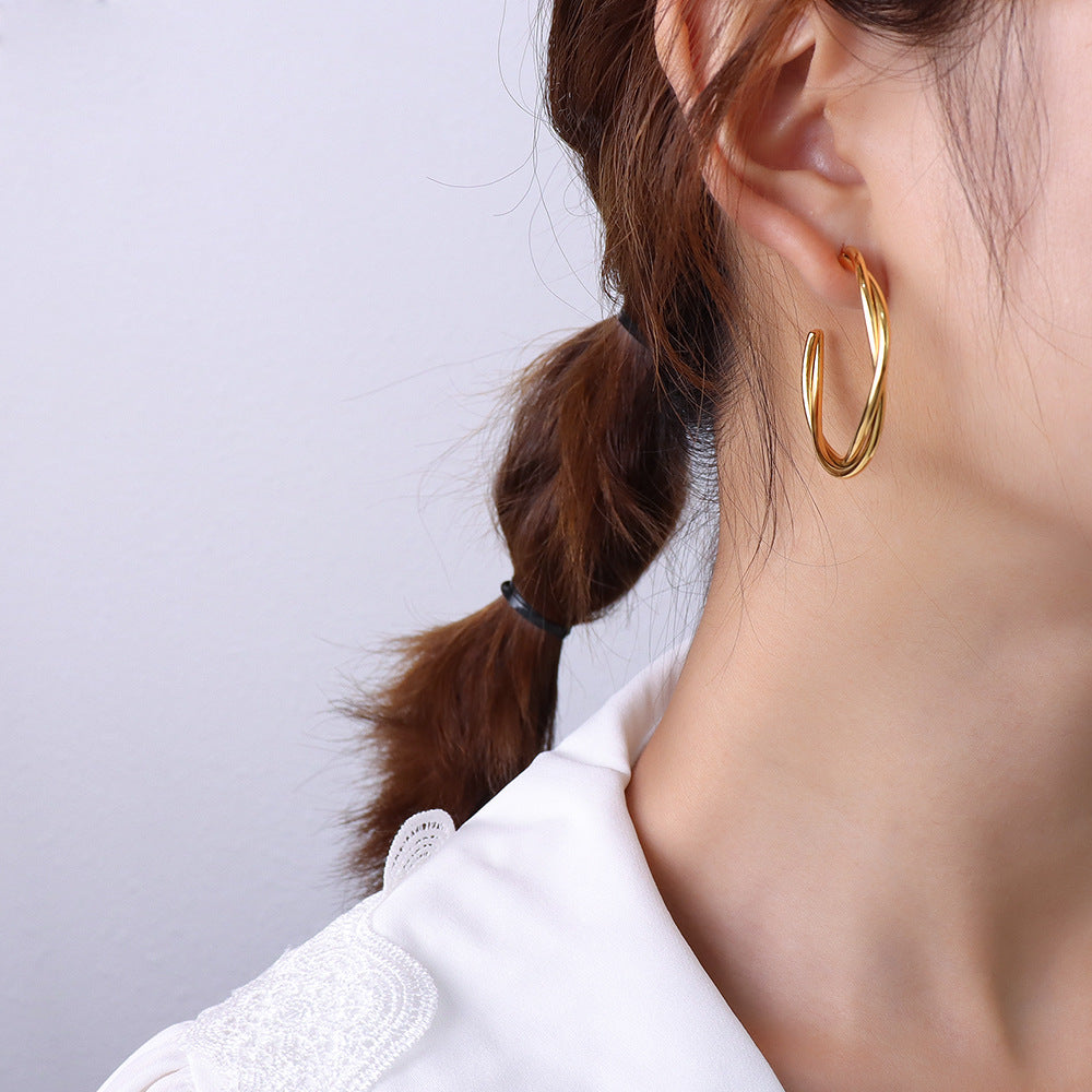 Cross twist double-layer earrings 18k gold titanium steel hoops