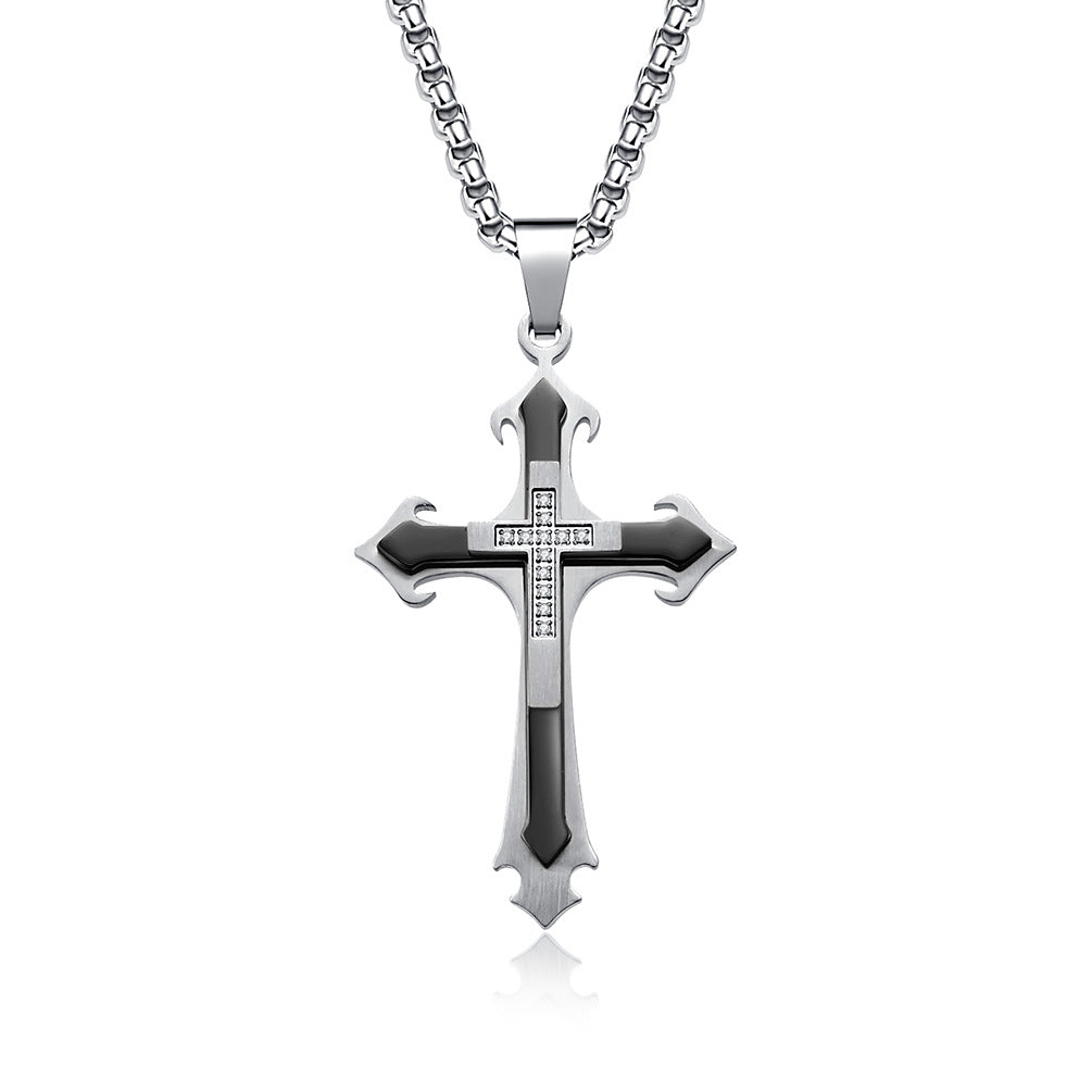 New three-layer patterned combination stone cross pendant with fashionable retro men's trend titanium steel pendant