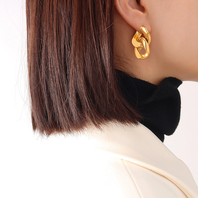 Gold Double Ring Earrings Female Stainless Steel Waterproof Earrings