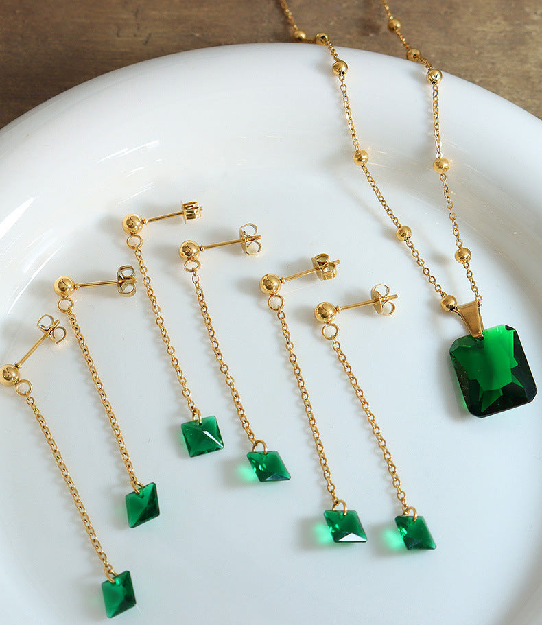 Trend peacock baguette emerald zircon pendant necklace earring jewelry set golden fadeless jewelry