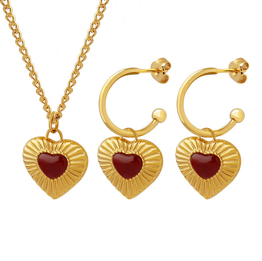 red agate pendant, necklace, earring, waterproof golden jewelry set