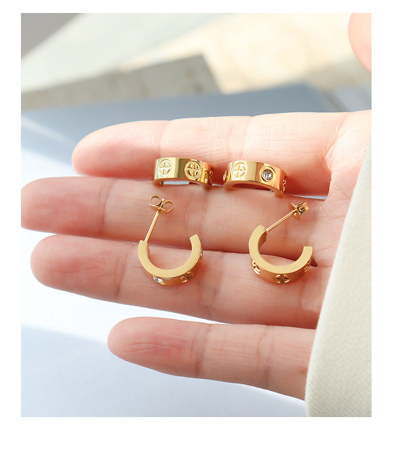 hot sale cross with zirconia earrings hoops golden titanium steel jewelry