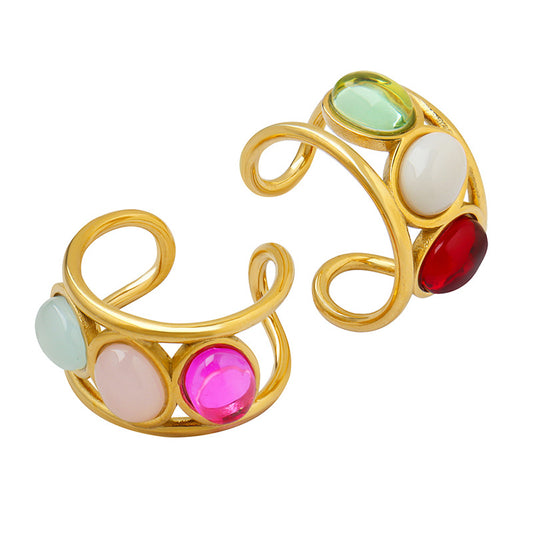 Ring with rainbow glass stone, luxury trendy ring gold color