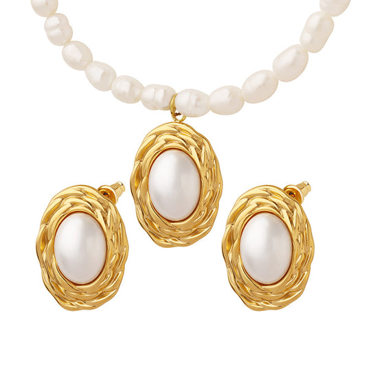 retro high grade pearl chain gold plated embossed round inlaid pearl necklace earring jewelry set