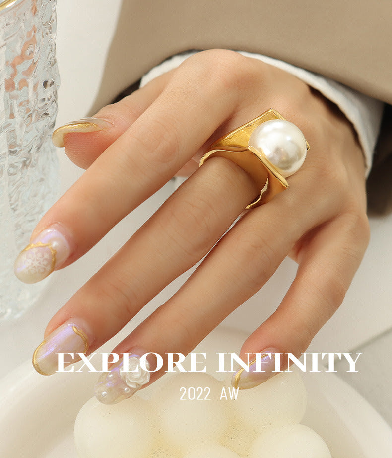 big pearl ring unique style female exaggerated personality stainless steel plated with 18k gold