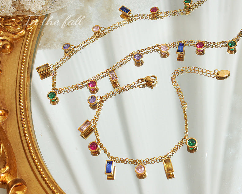 luxury colorful zircon jewelry set tassel necklace titanium steel bracelet set