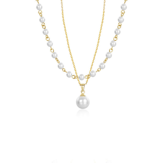 Fresh pearl beads elegant double layer necklace golden chain