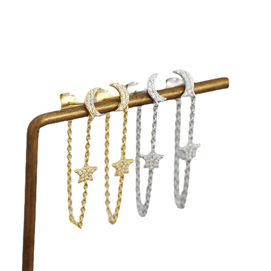 Star and Moon Tassel Zirconia Paved Hanging Chain Stud Earrings Dangle Female