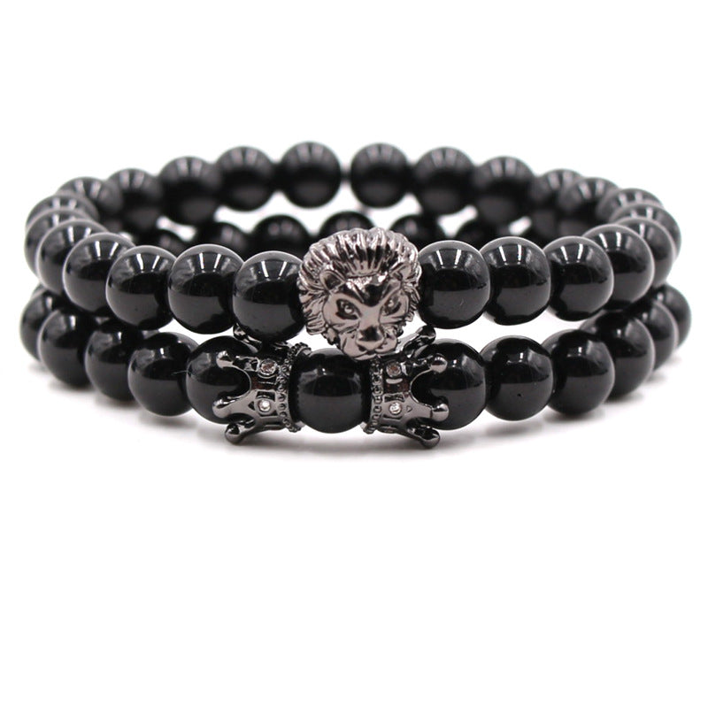 Popular micro inlaid zircon lion head micro inlaid small crown bright black matte stone bracelet set