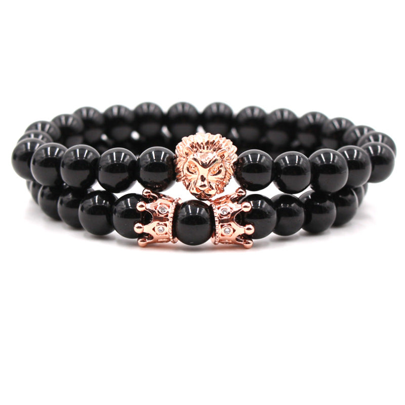 Popular micro inlaid zircon lion head micro inlaid small crown bright black matte stone bracelet set