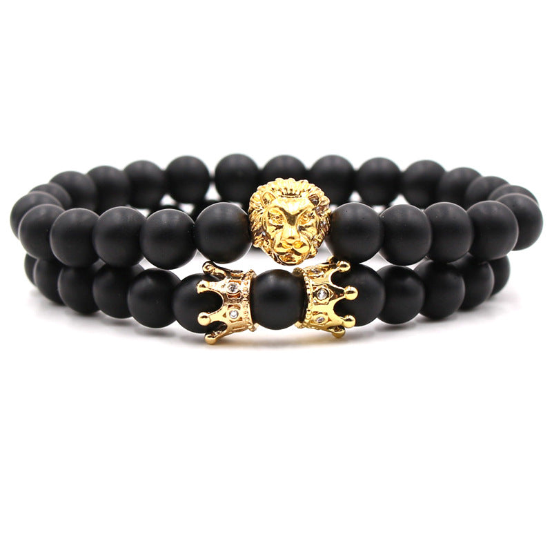 Micro-set zircon lion head micro-set small crown black frosted stone bracelet set