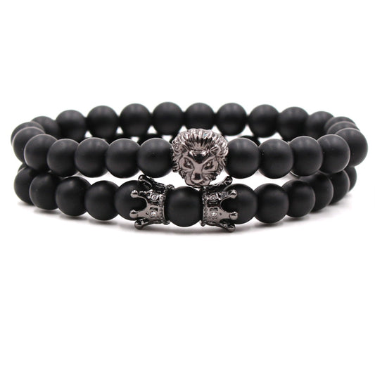 Micro-set zircon lion head micro-set small crown black frosted stone bracelet set