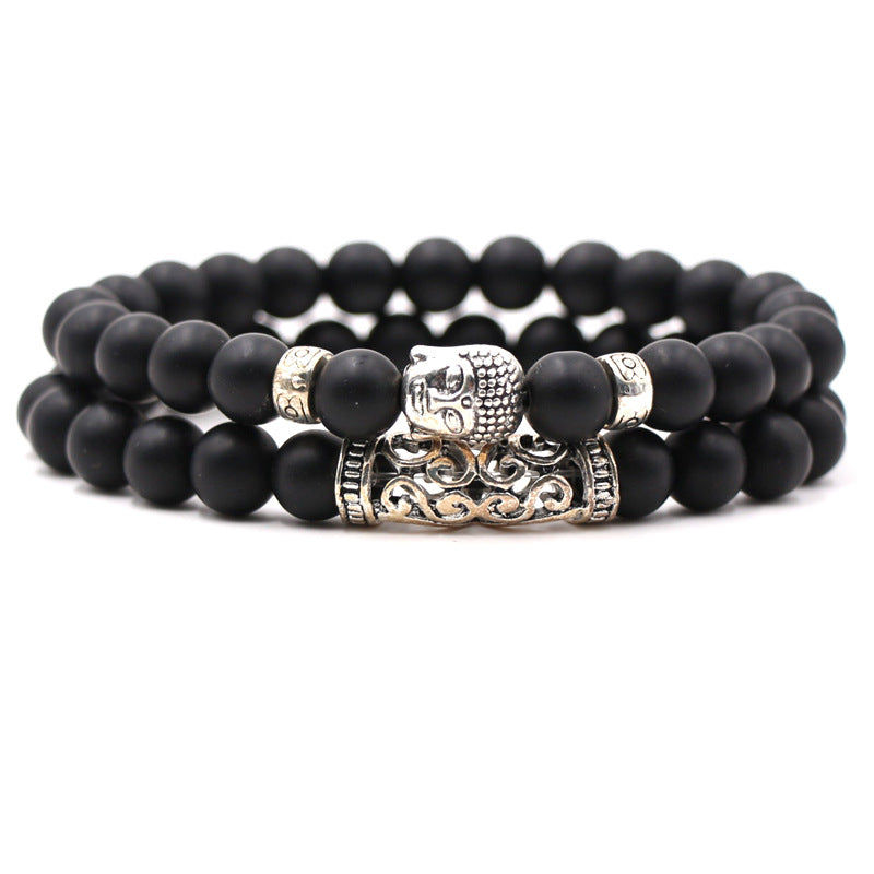 Volcanic stone tiger's eye beads bracelet set bent Buddha head stretch bracelet