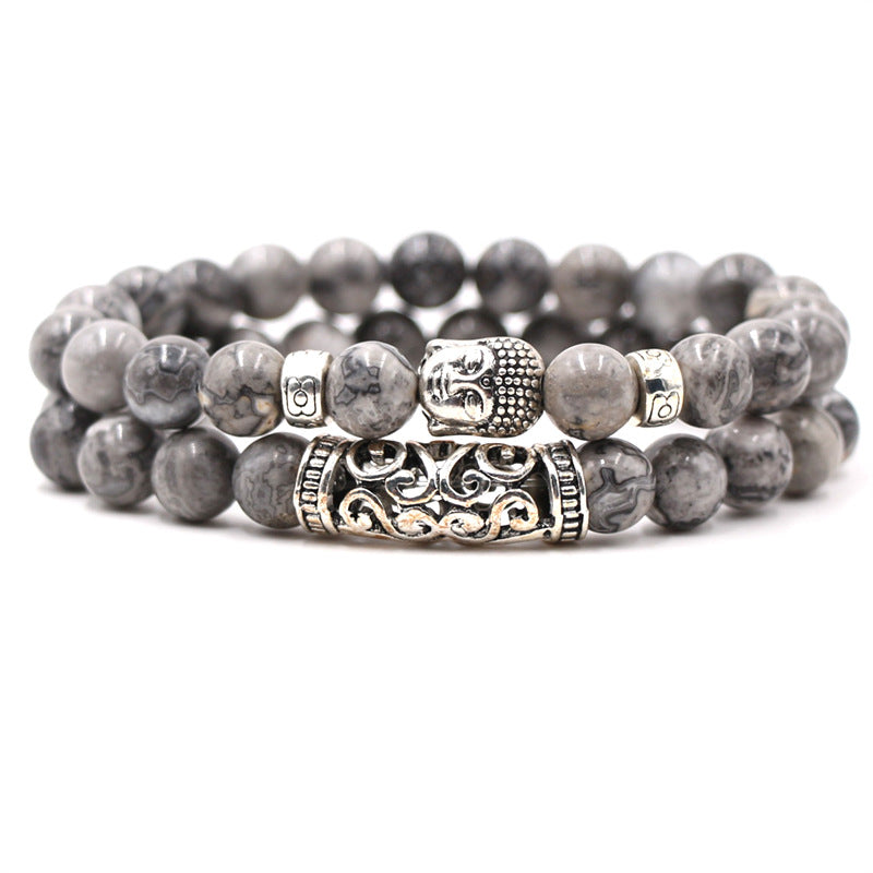 Volcanic stone tiger's eye beads bracelet set bent Buddha head stretch bracelet