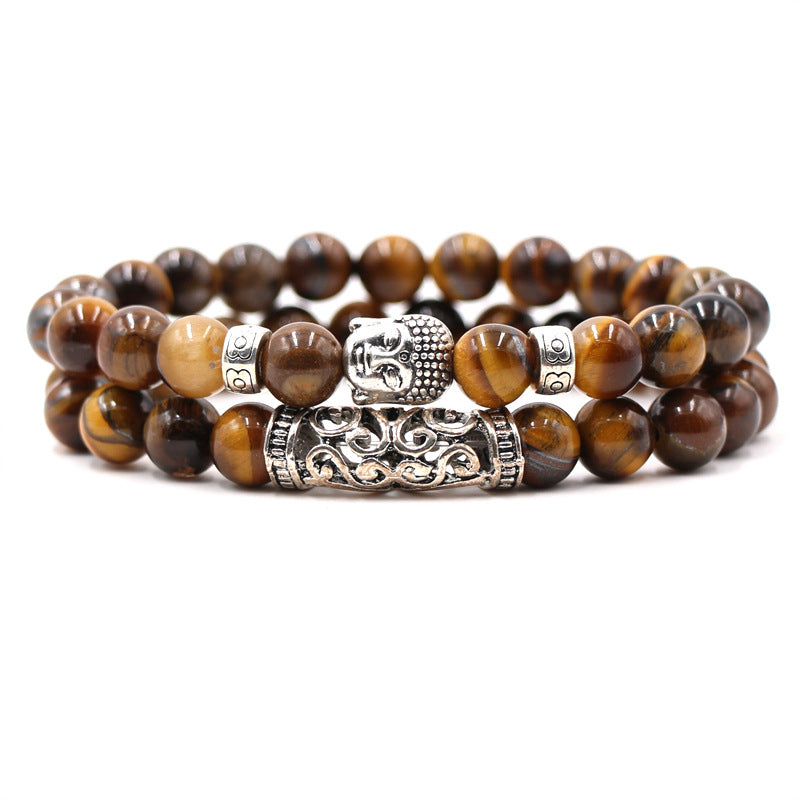 Volcanic stone tiger's eye beads bracelet set bent Buddha head stretch bracelet