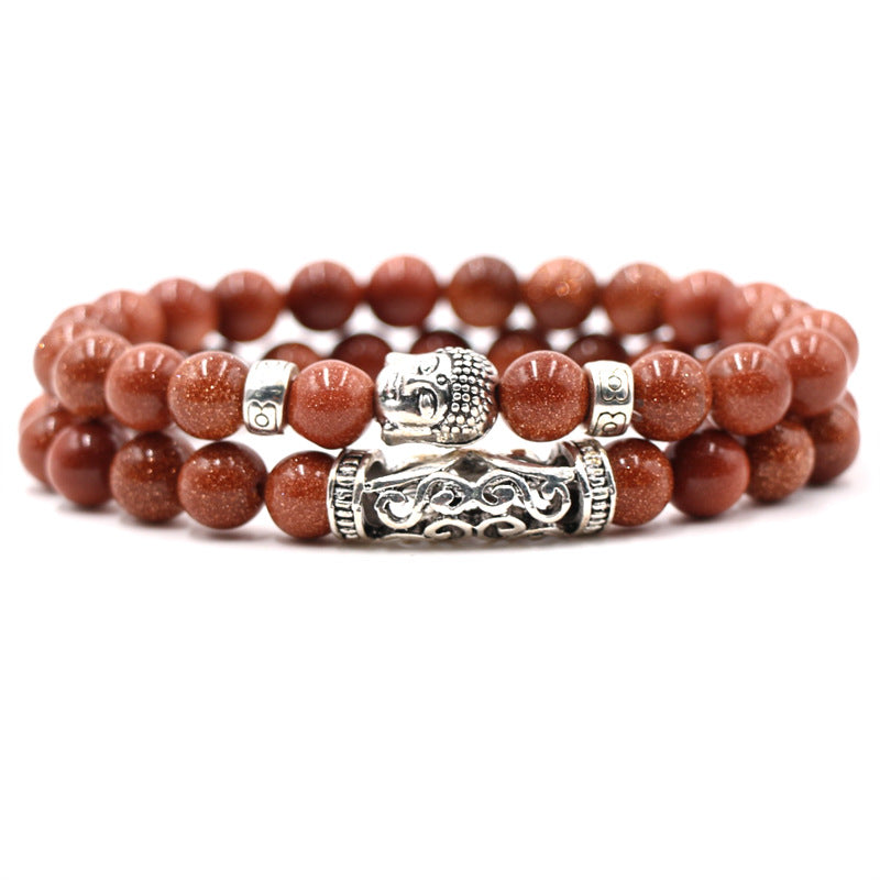 Volcanic stone tiger's eye beads bracelet set bent Buddha head stretch bracelet