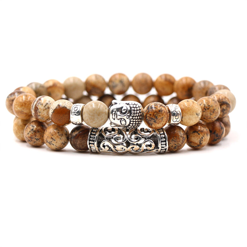 Volcanic stone tiger's eye beads bracelet set bent Buddha head stretch bracelet