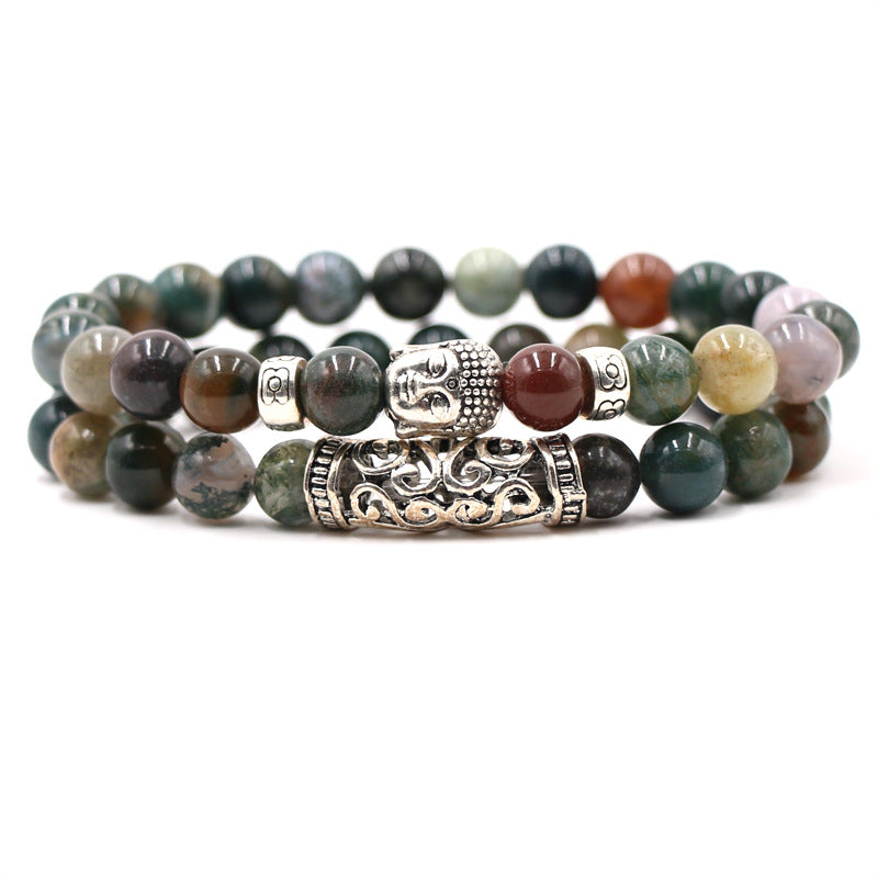 Volcanic stone tiger's eye beads bracelet set bent Buddha head stretch bracelet