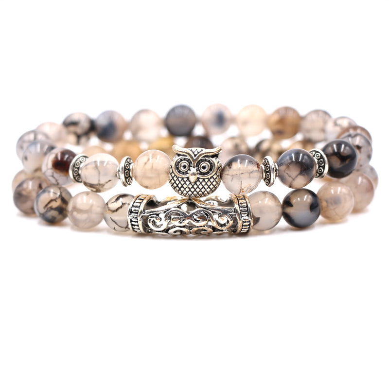 Volcanic stone, white turquoise, owl stone combination bracelet, multi circle Buddha bead bracelet