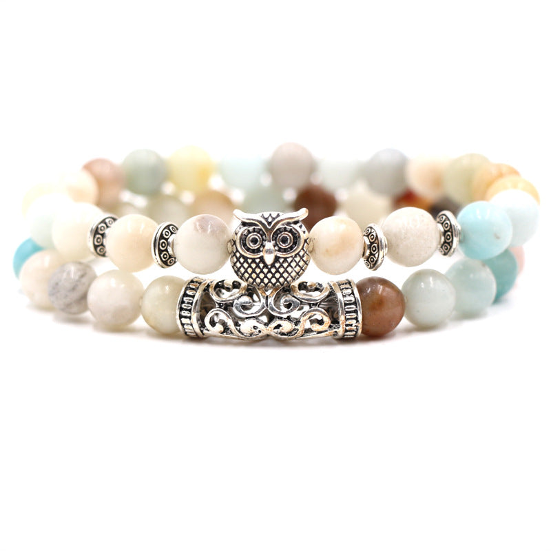 Volcanic stone, white turquoise, owl stone combination bracelet, multi circle Buddha bead bracelet