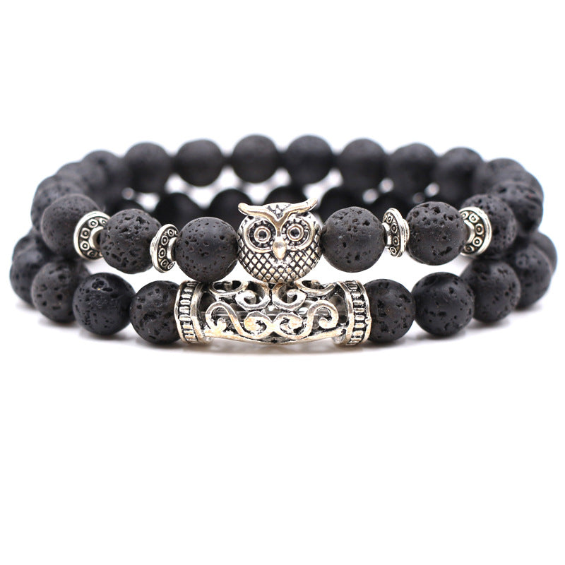 Volcanic stone, white turquoise, owl stone combination bracelet, multi circle Buddha bead bracelet