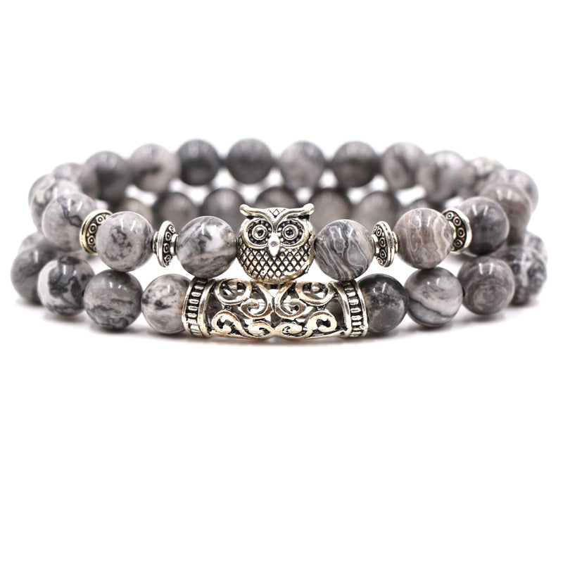 Volcanic stone, white turquoise, owl stone combination bracelet, multi circle Buddha bead bracelet