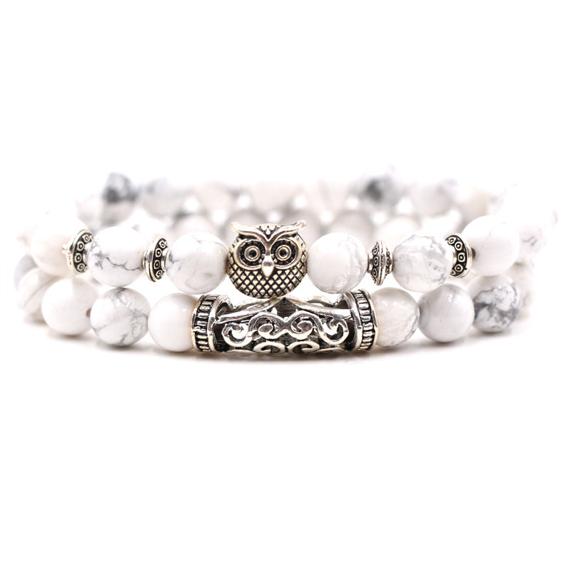 Volcanic stone, white turquoise, owl stone combination bracelet, multi circle Buddha bead bracelet