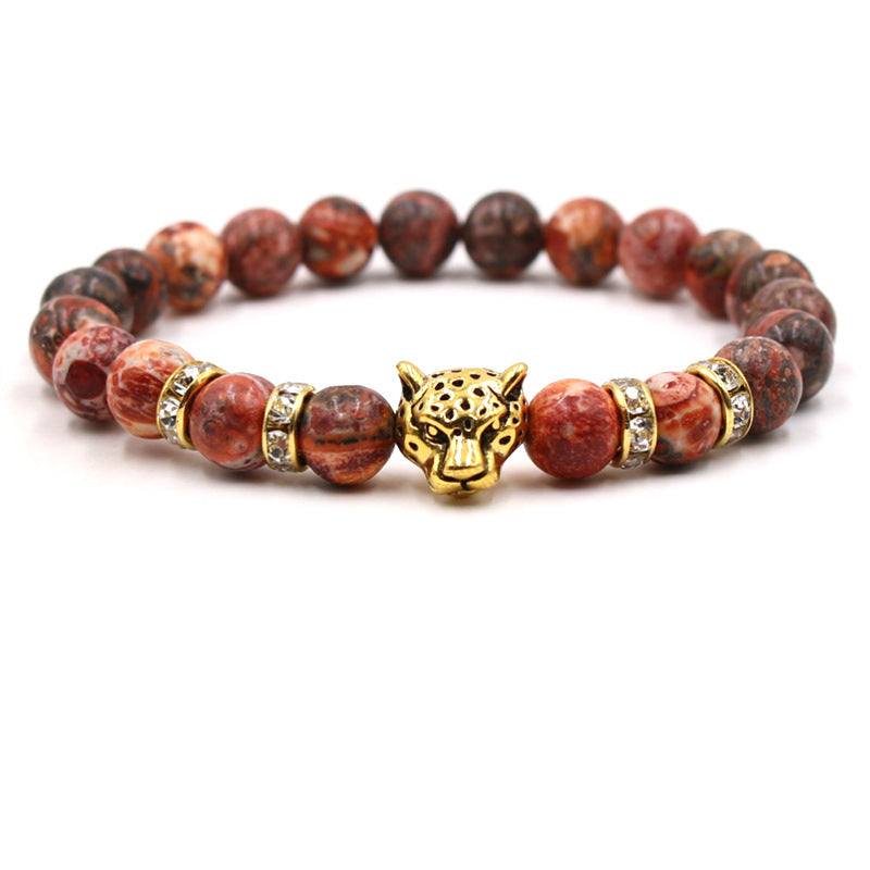 Volcanic Agate Metal Leopard Head Beaded Bracelet