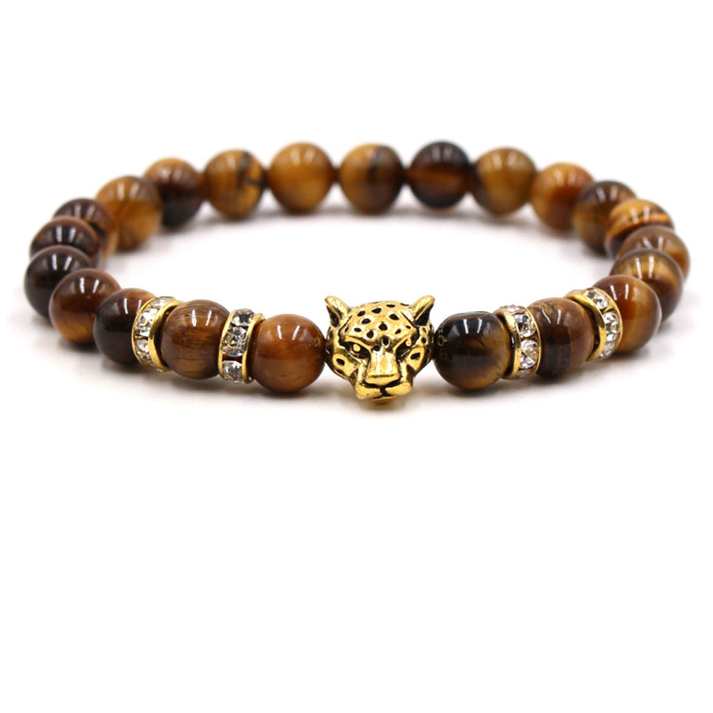 Volcanic Agate Metal Leopard Head Beaded Bracelet