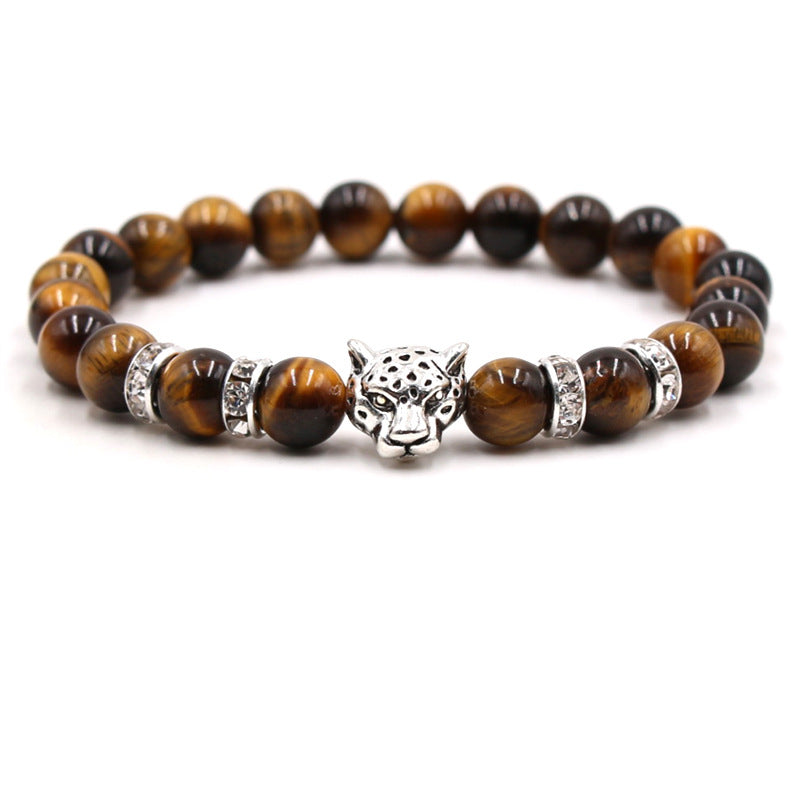 Volcanic Agate Metal Leopard Head Beaded Bracelet